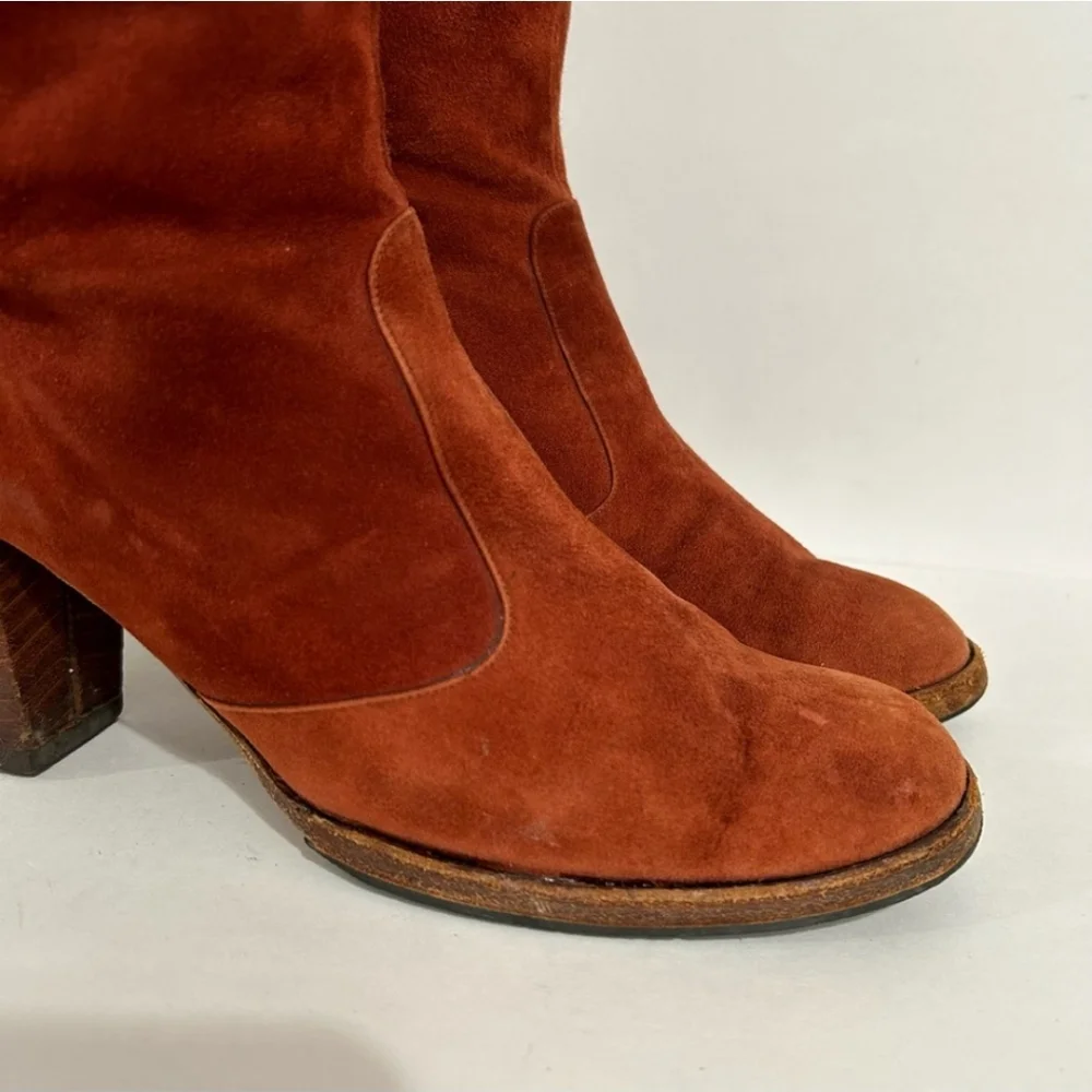 Beautiful 1970s Knee Boots, Genuine Suede Burnt Orange Stacked Heel Size 6 - Picture 9 of 16